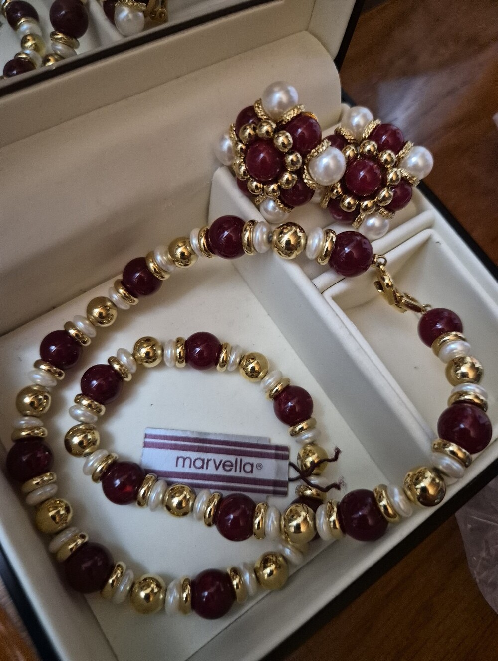 STUNNING!! Marvella Red Bead Necklace with Gold Accents and Pearl-Look Spacers